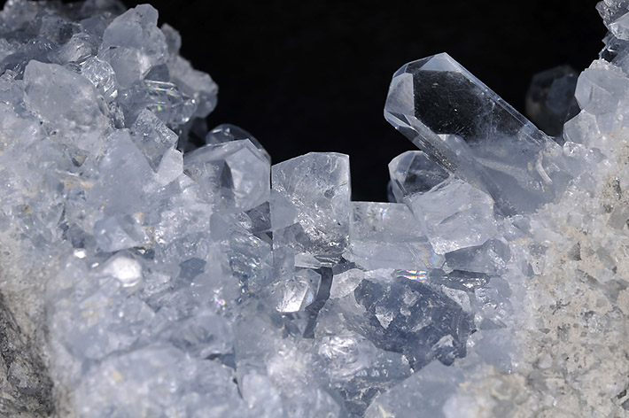 Cluster of translucent blue crystals of celestine from Sakoany, Madagascar