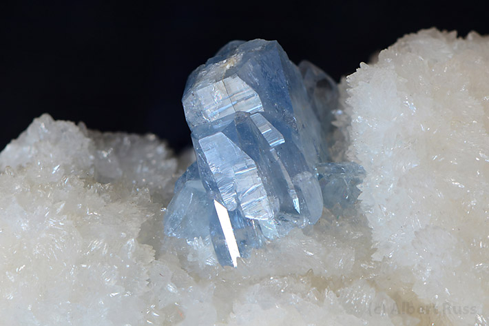 Blue celestine crystal on white gypsum matric from Spania Dolina, Slovakia