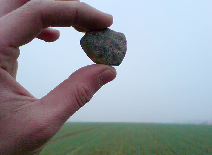Collector holding freshly found moldavite near Slavice, South Moravia, Czech Republic