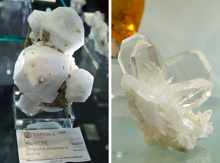 Huge analcime from Tunguska, Russia and double japan law twin of quartz