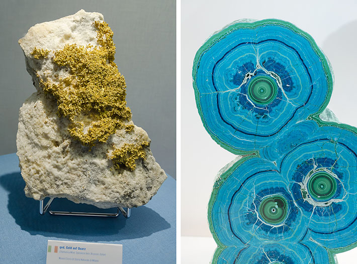 Gold from Brusson, Italy and layered malachite and azurite