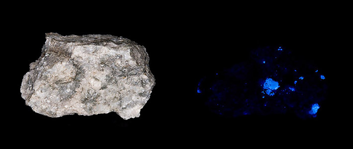 Example of UV fluorescence of scheelite, left in daylight, right in shortvawe UV light